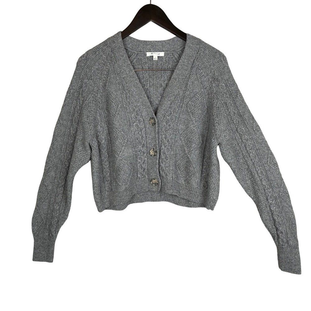 Madewell Cardigan S Cable Knit Cropped Wool Blend Gray Silver Fisherman Preppy - Picture 4 of 16